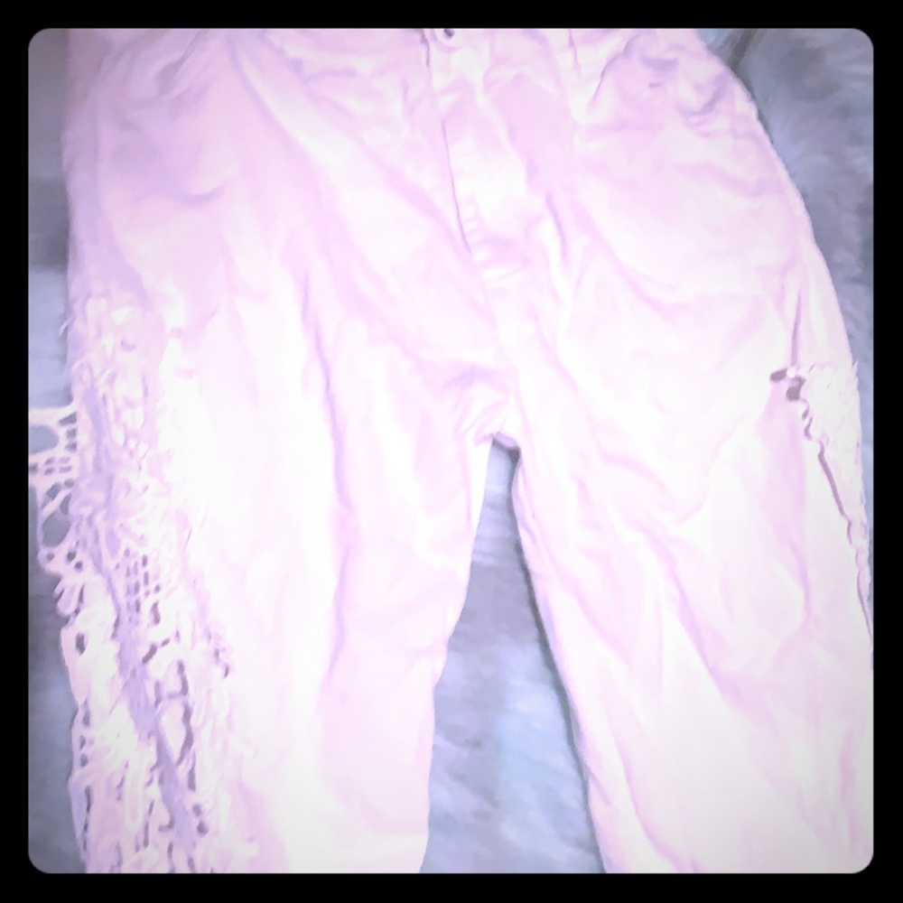 White faux jean tights with sheer lace sides